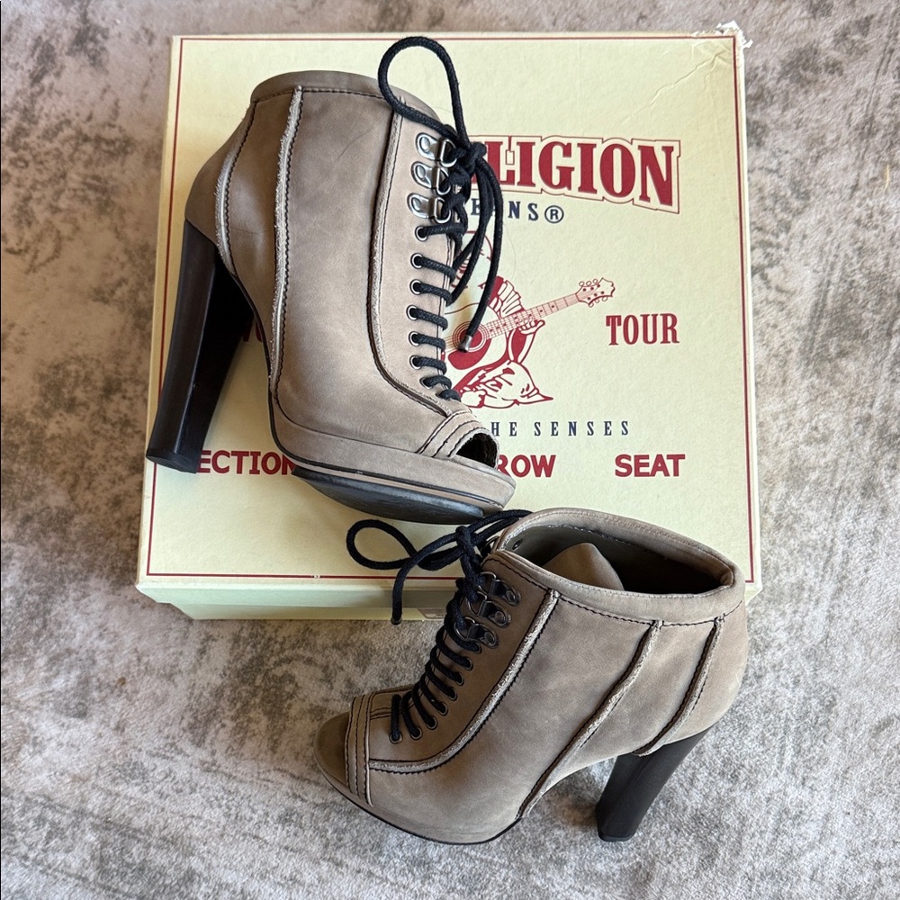 True Religion Taupe Lace-Up Heeled Boots